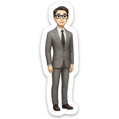 Full height Pale skinned Fit Man With dark brown hair in classic gray suit, beige office shirt, dark gray tie, and vintage glasses. His hands lock sticker