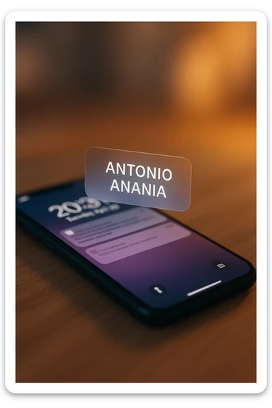 A photo of an iPhone with the message "Antonio Anania" on its screen, both surrounded by soft light and shadow. The phone sits atop a desk with a blurred background that suggests work environment. A faint glow from above casts gentle shadows across the surface of each object, creating depth and highlighting their textures. sticker