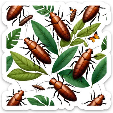 Close-up of giant Madagascar hissing cockroaches, butterflies, and stick insects in their natural habitat. The insects are shown in detail, highlighting their unique textures and colors, surrounded by plants and leaves. Soft lighting to enhance their features. Transparent background. sticker