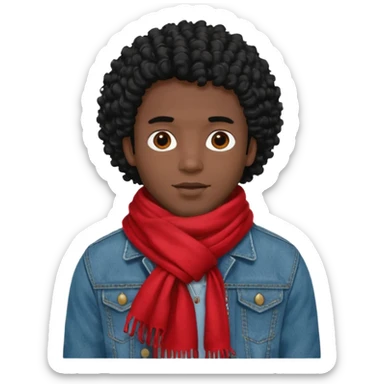 black skin man, curly black hair wear big red scraft, jean jacket sticker