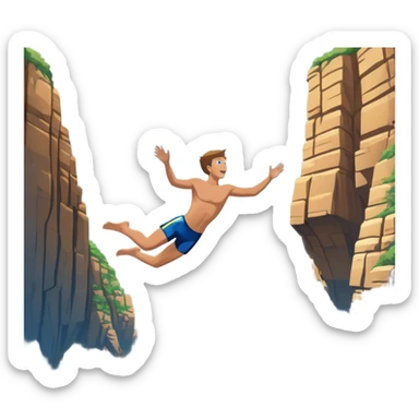 A diver mid-air, plunging from a high cliff into the sparkling ocean below. The background features rugged cliffs, clear blue water, and a bright sky, emphasizing the excitement and danger of the sport with a sense of freedom and adventure. sticker