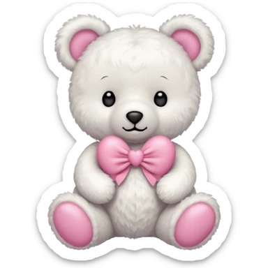 white teddy bear with pink bow holding pink heart sticker