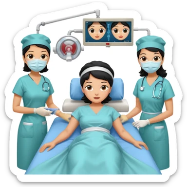 A colonoscopy procedure in progress in a clean operating room, featuring a black-haired woman in her 50s lying on an examination bed, with three doctors wearing surgical caps, masks, and gowns performing the procedure. sticker