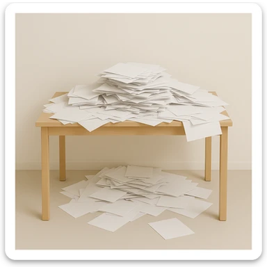 minimalist desk cluttered with papers spilling over, symbolizing overwhelming admin workload, all elements contained within the frame, no edges cut off sticker