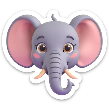 3D emoji style elephant face, front view, large ears, expressive eyes, simple and cute sticker