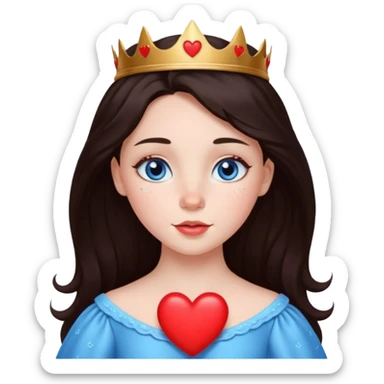 A fair-skinned princess with little freckles on her cheeks, blue eyes, dark brown hair and a red heart of love sticker