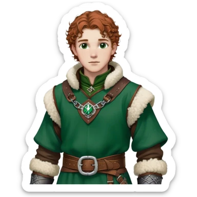 Medieval winter outfit worn by a DnD themed fantasy male character. Rich brown leather-trimmed wool tunic with sheepskin lining, featuring intricate metal buckles at the collar, paired with a heavy braided belt. Clothes only above the waist, full waist coverage. The character has no arms. Character is white-skinned with auburn hair, emerald green eyes, and short curly hair beneath a light dusting of snow. sticker