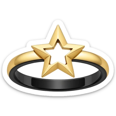 Create a high-quality emoji-style icon showing a black circle with a thin shiny golden ring around its edge. Inside the black circle, place a centered white five-pointed star. The overall look should be clean, modern, and polished, resembling a messaging app emoji. sticker