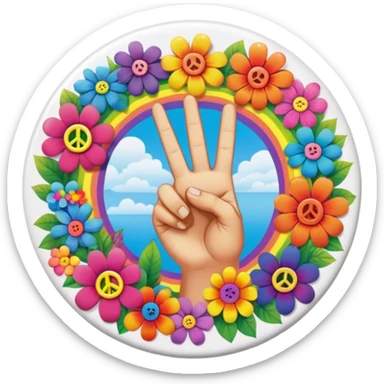A round psychedelic colored button with a hand making the peace sign in the center surrounded by rainbow colored hippie style flowers sticker