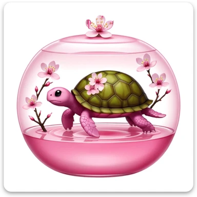 Sakura pudding shaped like a turtle with cherry blossom decoration sticker