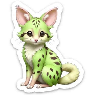 Light-neon-green, soft realistic romantic vintage antique divine beautiful elegant pretty precious cute young youthful  Fakémon-Pokémon-opossum-feline-mouse-serval-caracal-chinchilla-Minccino-Cinccino-Meowstic-rodent-hybrid-creature (full body) sticker