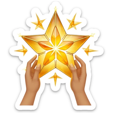 A radiant yellow dream star emerges, carefully being built by hands connecting delicate strands of golden thread and translucent panels of glowing amber glass incomplete sticker