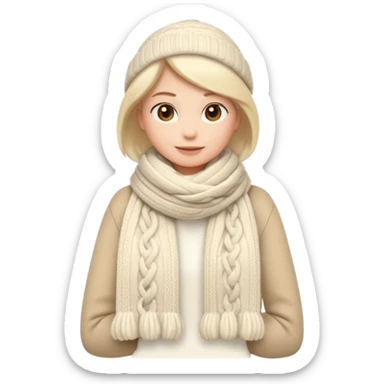 cute soft-matte emoji of an ivory scarf with thick cable-knit patterns, light beige accents, cozy and fluffy winter texture, gently folded shape, minimal details, warm and soft shading sticker