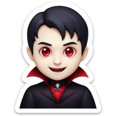 Cinematic Cute Vampire Portrait Emoji, with a refined yet playful small, rounded pale face accented by tiny, cute fangs and bright, twinkling eyes, sporting miniature elegant dark attire with a hint of crimson, simplified yet irresistibly charming, highly detailed with a soft glowing outline that captures the delightful duality of spooky sweetness and stylish allure! sticker