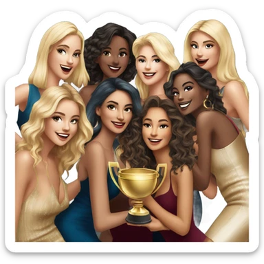 6 beautiful and stylish blonde and Latina models celebrating with 1 huge gold trophy sticker