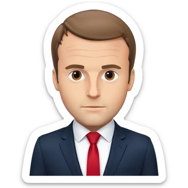 figure of Emmanuel Macron with an oversized head and small body, standing, wearing a dark navy suit and red tie, highly recognizable face, simplified details sticker