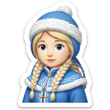A cute Snow Maiden (Snegurochka) emoji, full body, standing in side view, wearing a traditional blue winter coat with white fur trim, long braid, and a kokoshnik-style winter hat. sticker