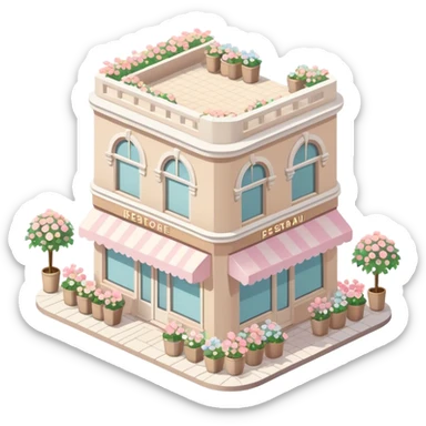 isometric exterior little beige and white restaurant with abundant pastel florals everywhere sticker