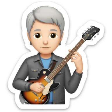 a short grey hair, middle age metal head with a classic epiphone eletric guitar sticker