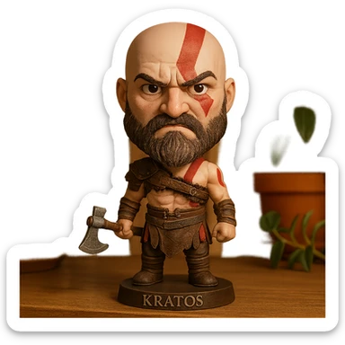 Kratos as a bobblehead with a wobbly head and angry expression sticker