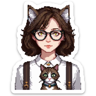 Cat-lady with dark brown hair, square glasses, hazel eyes, and pale skin sticker