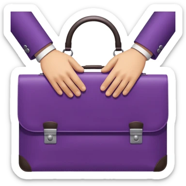 Minimal two-tone purple icon: two hands exchanging a briefcase. Geometric, transparent background. sticker