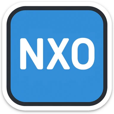 NxO in the center, bold white letters on a blue background, modern icon style sticker