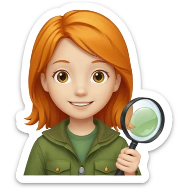 braid orange haired girl kid in moss green explorer outfit, holding magnifying glass, smile sticker