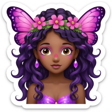 Black girl fairy with long wavy black hair, pink and purplered butterfly wings sparkly sticker