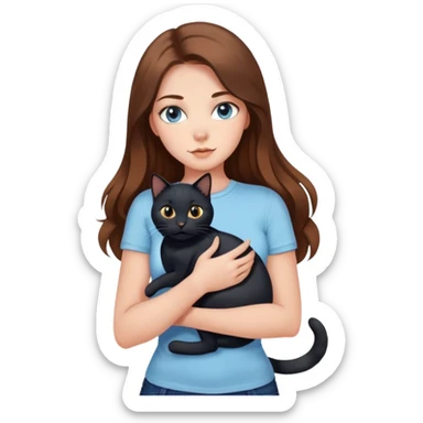 A sexy girl with long hair wearing a light blue tight short-sleeved shirt holding a black cat sticker