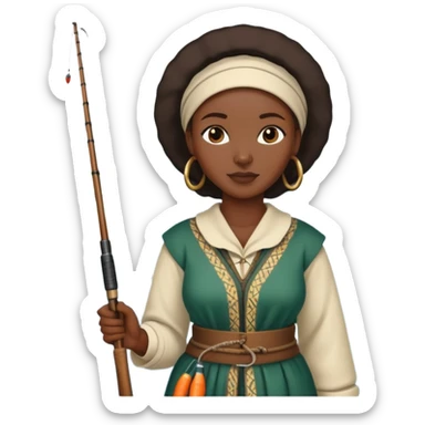 African woman fishing in the river, traditional clothing, holding fishing rod sticker