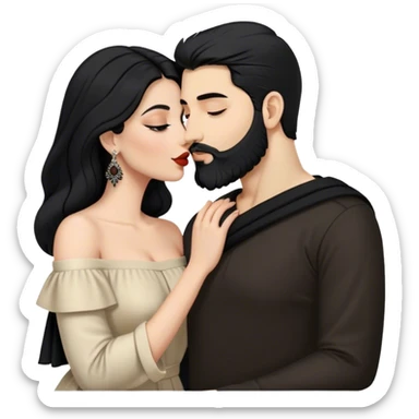 Kissing the Lebanese white skinned man with black hair and beard dressed in all black, and the Palestinian woman in an elegant off-shoulder cream-colored outfit with a handbag. sticker