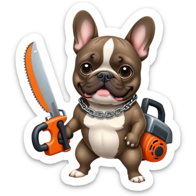 Brindle French bulldog holding a chain saw  sticker