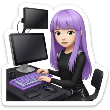 lilac girl with long hair and bangs worker and acessories with a pc worten the clothes black like an alternative sticker
