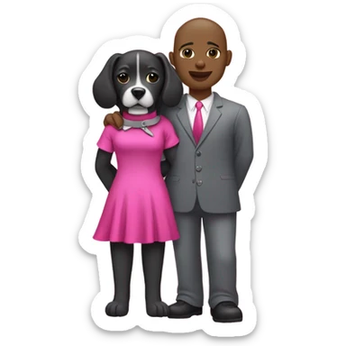 Black lady with black hair wearing hot pink dress hugging all grey pitbull with pink collar sticker