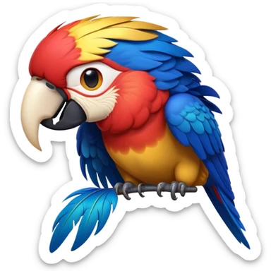 Cinematic Realistic Noble Macaw Portrait Emoji, Poised and majestic, with a robust, vibrant build and meticulously detailed plumage in scarlet, deep blue, and touches of gold, a strong, curved beak and piercing, intelligent eyes, rendered with lifelike feather texture and natural lighting, high shine, commanding and regal, styled with an air of tropical authority, focused and attentive, soft glowing outline, capturing the essence of a watchful and confident macaw that appears ready to soar out of the screen with effortless splendor! sticker