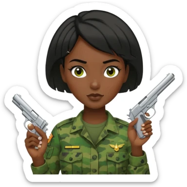 Dark skin Woman marine in green cammies with one handgun short black hair sticker