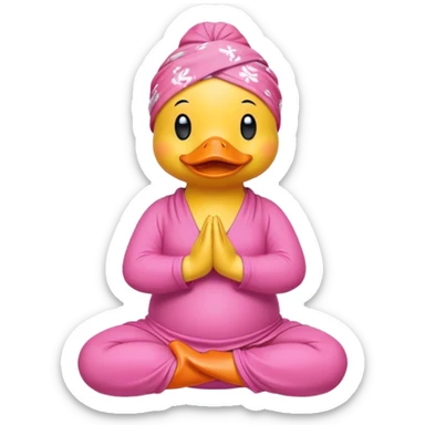 side view of yellow rubber duck with a pink bandana doing yoga while praying sticker