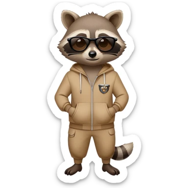 friendly anthropomorphised raccoon in a Sopranos-style mafia tracksuit, wearing dark sunglasses, confident pose sticker