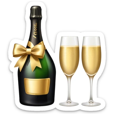 Black Champagne bottle with gold bow, plus two glasses  sticker