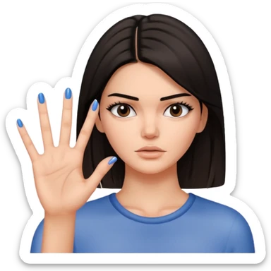 kendall jenner looking anoyed and showing one palm which is small signalising stop sticker