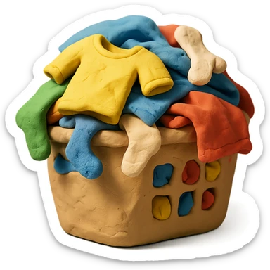 overflowing laundry basket, mix of socks and t-shirts, playful look, claymation style sticker