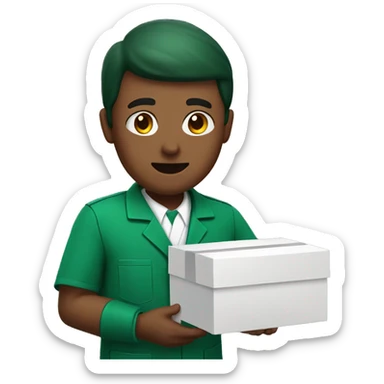 brown Pharmacist with a box of medics and green uniform sticker