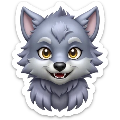 Cinematic Cute Werewolf Portrait Emoji, with a cuddly, miniature lupine form in soft moonlit grays and silvers, featuring oversized sparkling eyes and a sweet, endearing snarl, simplified yet irresistibly adorable, highly detailed with a gentle glowing outline that captures the playful, heartwarming essence of a little werewolf! sticker