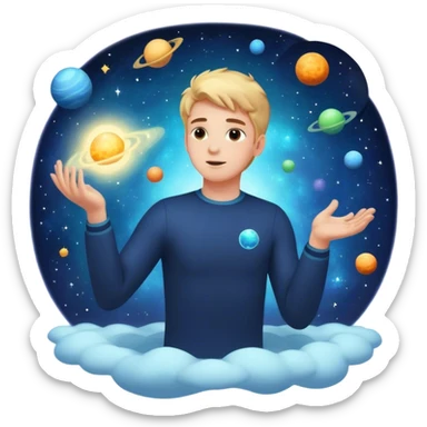 A young man floats in space, touching a particle that glows and expands, shaping the universe around him. Each touch creates new light, symbolizing how his choices build his own reality. sticker