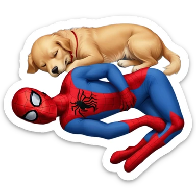Golden Retriever sleeping on top of Spider-Man sticker