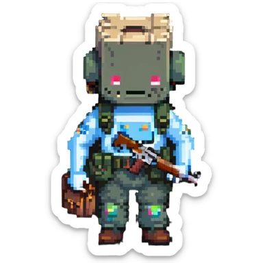 cartoon character with bag on head holding a gun full body sticker