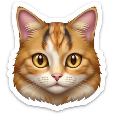 full body anxious looking colourful light calico tabby cat with hazel eyes  and half of face in brown tabby sticker