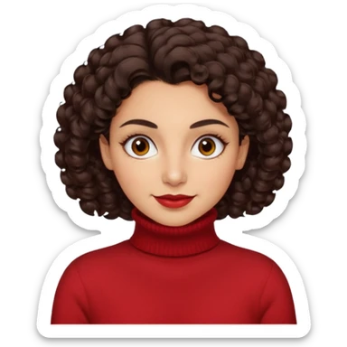 30 yr iranian woman dark brown hair curly wavy short hair, red turtle neck sweater, very thick eyebrows, light skin, dark brown eyes, small smile sticker