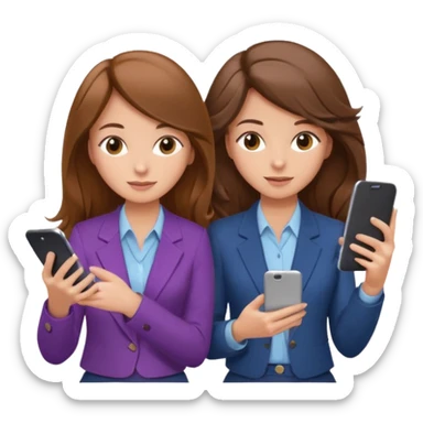 two brown haired girls, looking professional maybe leaned back on back and looking forward and using phones, with longer hair and with some cute clothes without ties, blowout hair, one girl can hold lap top athoer one can hold the phone sticker